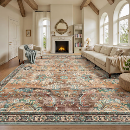 8x10 Area Rugs for Living Room - Washable Vintage Retro Large Rug, Soft Ultra Thin Non Slip Low Pile Traditional Distressed Boho Carpet for Bedroom Dining Room Home Office, Rust Clay