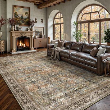 8x10 Area Rugs for Living Room - Washable Vintage Retro Large Rug, Soft Ultra Thin Non Slip Low Pile Traditional Distressed Boho Carpet for Bedroom Dining Room Home Office, Rust Clay