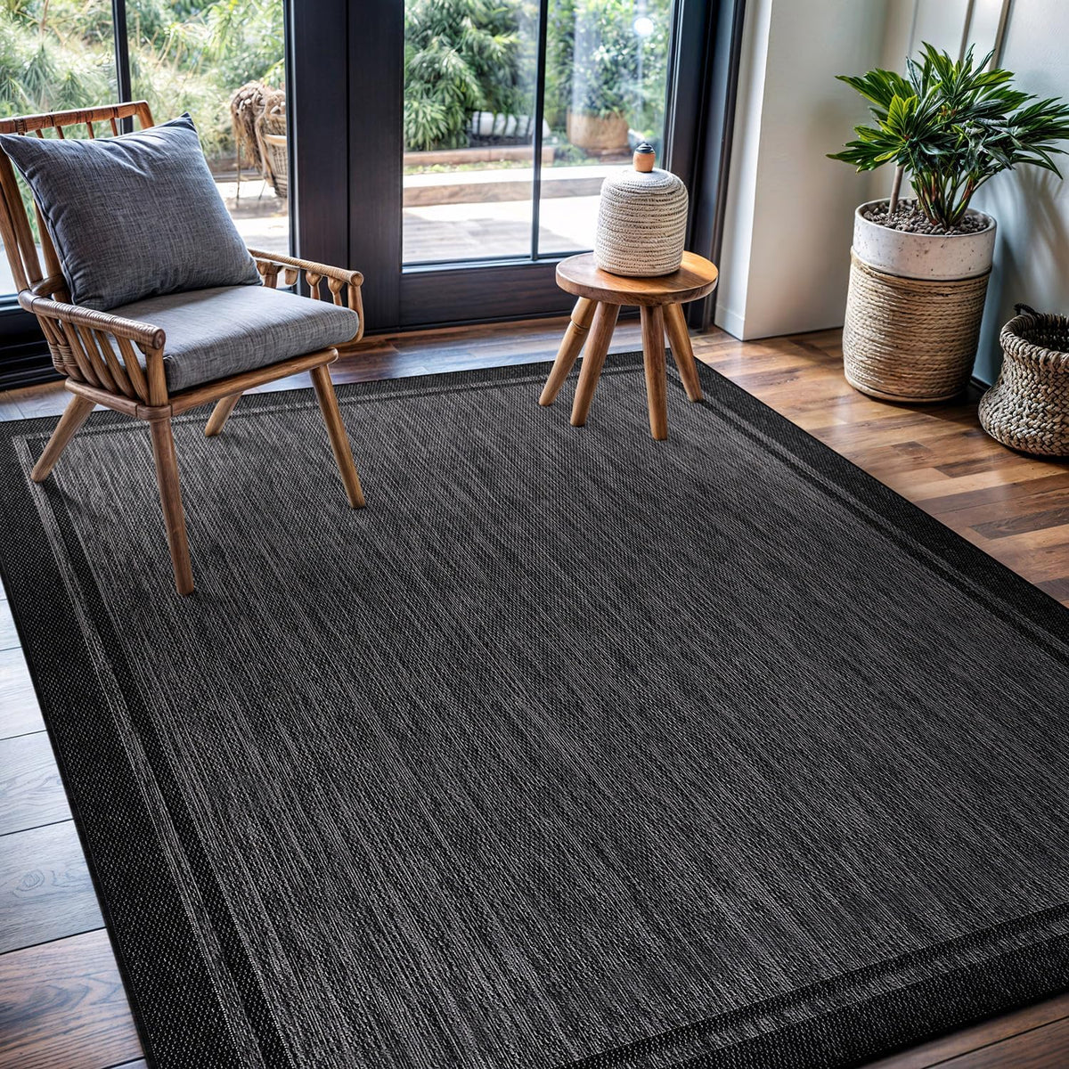 CAMILSON Indoor Outdoor Rug, 6x9 Bordered Dark Grey Black Modern Area Rugs for Indoor and Outdoor Patios, Kitchen and Hallway Mats, Washable Porch Deck Outside Carpet (Bordered Black, 6 x 9)