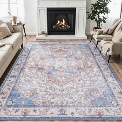 Carvapet Washable 3x5 Area Rug Orange Blue Vintage Floral Carpet