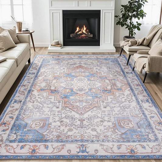 Carvapet Washable 3x5 Area Rug Orange Blue Vintage Floral Carpet