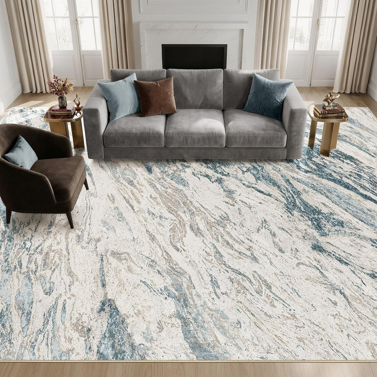 Area Rugs for Living Room: 9X12 Abstract Washable Rug Modern Neutral Large Soft Stain Resistant Non-Slip for Bedroom Dining Room Indoor Home Office Carpet - Blue Brown