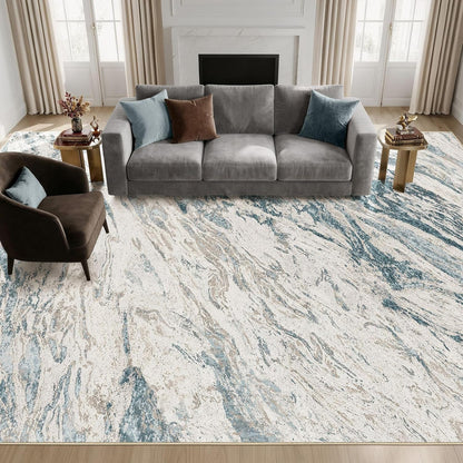 Area Rugs for Living Room: 9X12 Abstract Washable Rug Modern Neutral Large Soft Stain Resistant Non-Slip for Bedroom Dining Room Indoor Home Office Carpet - Blue Brown