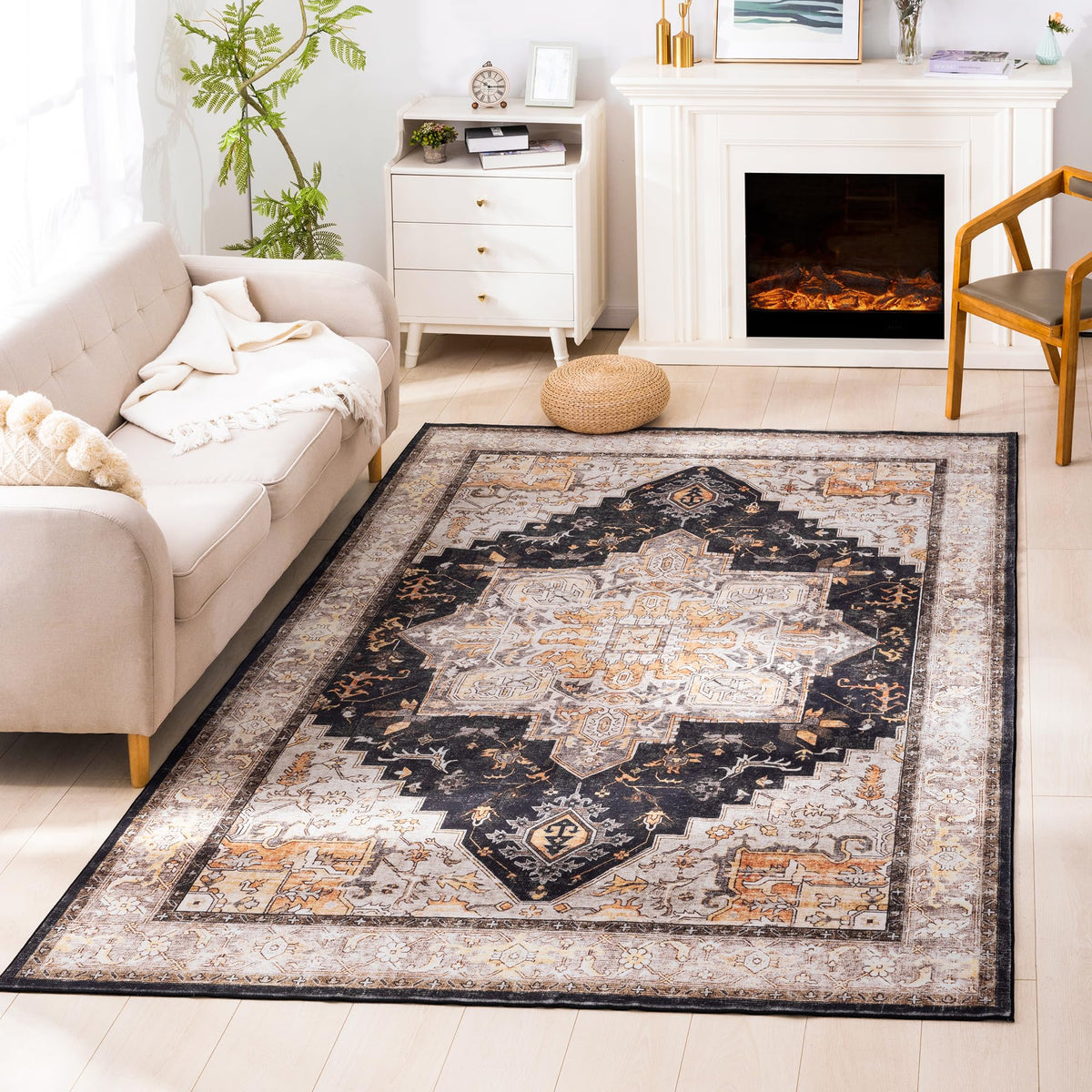 Carvapet Washable 3x5 Area Rug Orange Blue Vintage Floral Carpet