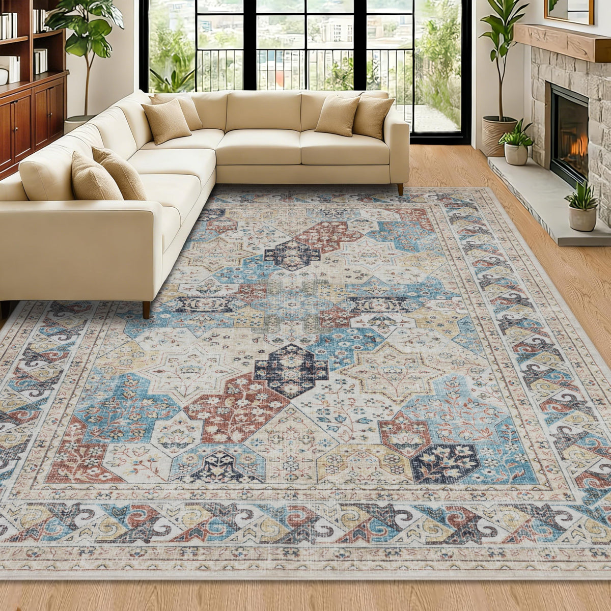 RCTJHOME 9x12 Brown Vintage Oriental Washable Area Rug Non-Slip Soft Carpet