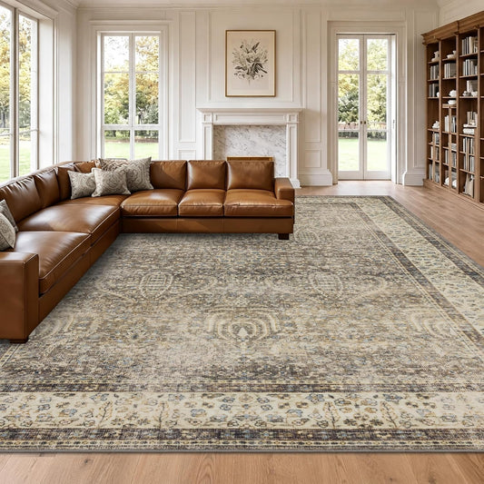 RCTJHOME 9x12 Brown Vintage Oriental Washable Area Rug Non-Slip Soft Carpet