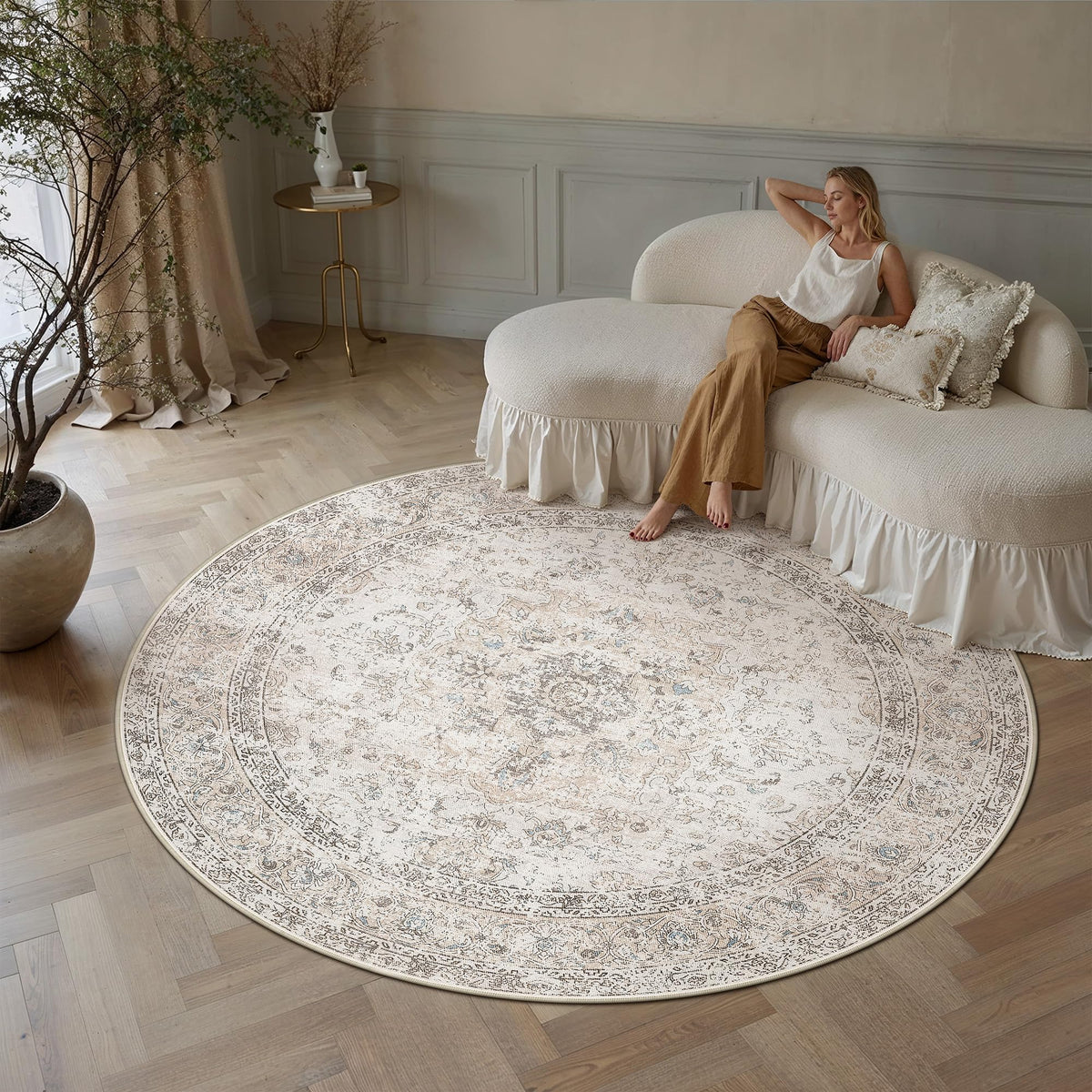 8x10 Washable Area Rug Beige Grey Non Slip Vintage Carpet