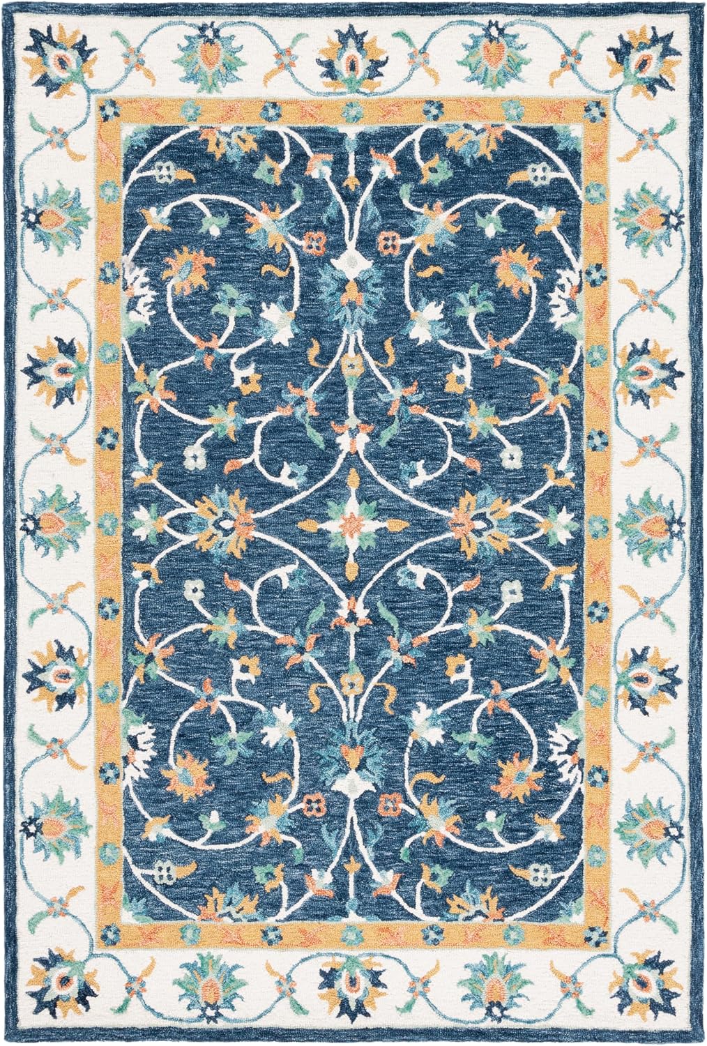 SAFAVIEH Micro-Loop Collection Accent Rug - 4' x 6', Blue & Ivory, Handmade French Country Scroll Floral Oriental Wool, Ideal for High Traffic Areas in Entryway, Living Room, Bedroom (MLP385M)