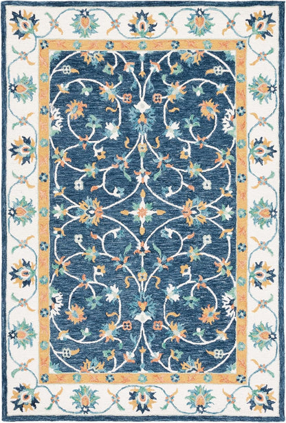 SAFAVIEH Micro-Loop Collection Accent Rug - 4' x 6', Blue & Ivory, Handmade French Country Scroll Floral Oriental Wool, Ideal for High Traffic Areas in Entryway, Living Room, Bedroom (MLP385M)