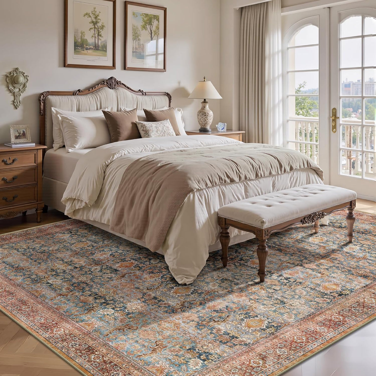 8x10 Area Rugs for Living Room - Washable Vintage Retro Large Rug, Soft Ultra Thin Non Slip Low Pile Traditional Distressed Boho Carpet for Bedroom Dining Room Home Office, Rust Clay