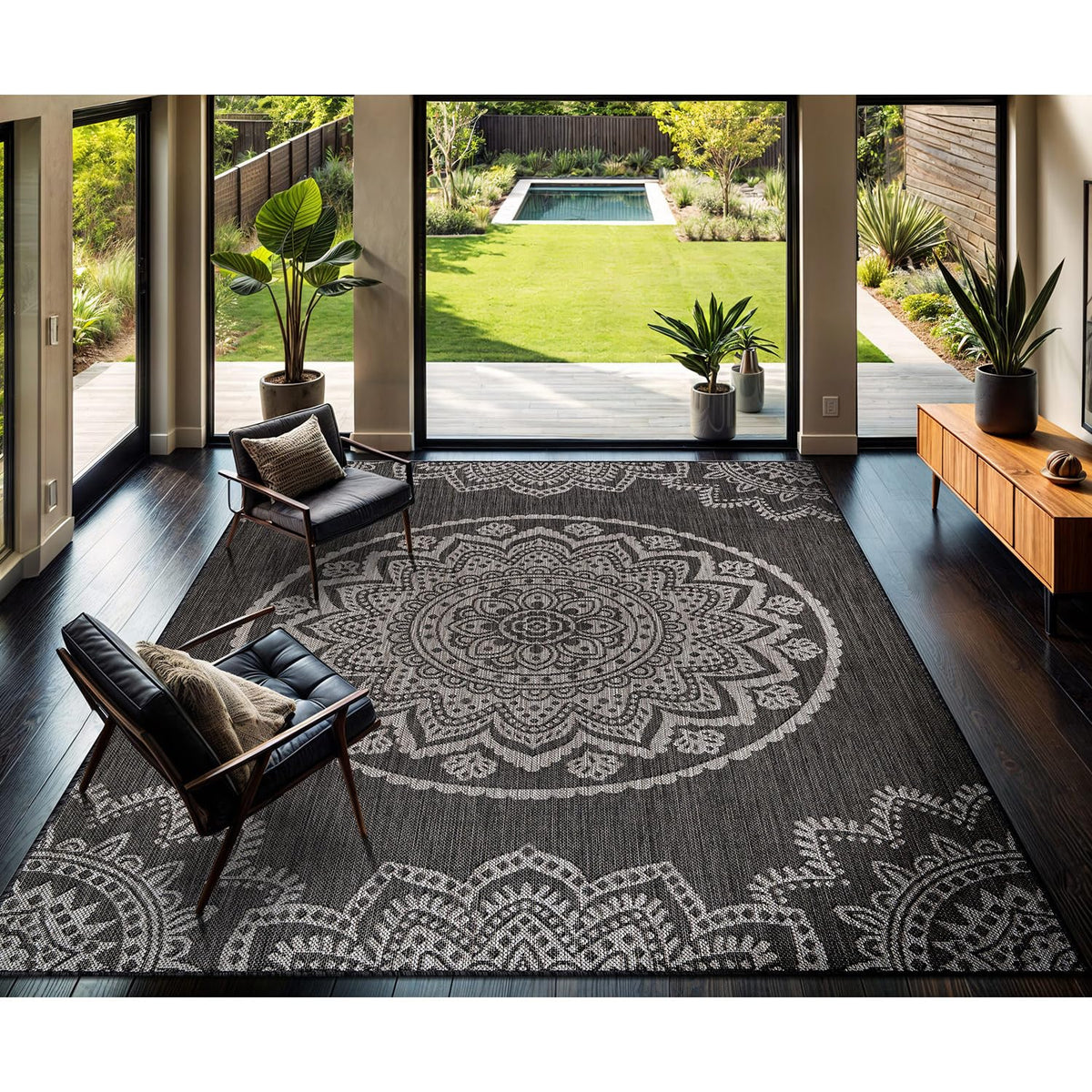 CAMILSON Outdoor Rug 5x7 Modern Area Rugs for Indoor and Outdoor Patios and Porches - Waterproof, Washable, Non-Shedding, Easy-to-Clean Outside Carpet (5 x 7, Medallion - Beige/White)
