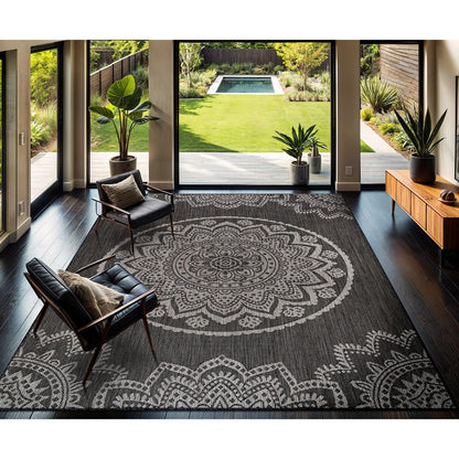 CAMILSON Outdoor Rug 5x7 Modern Area Rugs for Indoor and Outdoor Patios and Porches - Waterproof, Washable, Non-Shedding, Easy-to-Clean Outside Carpet (5 x 7, Medallion - Beige/White)