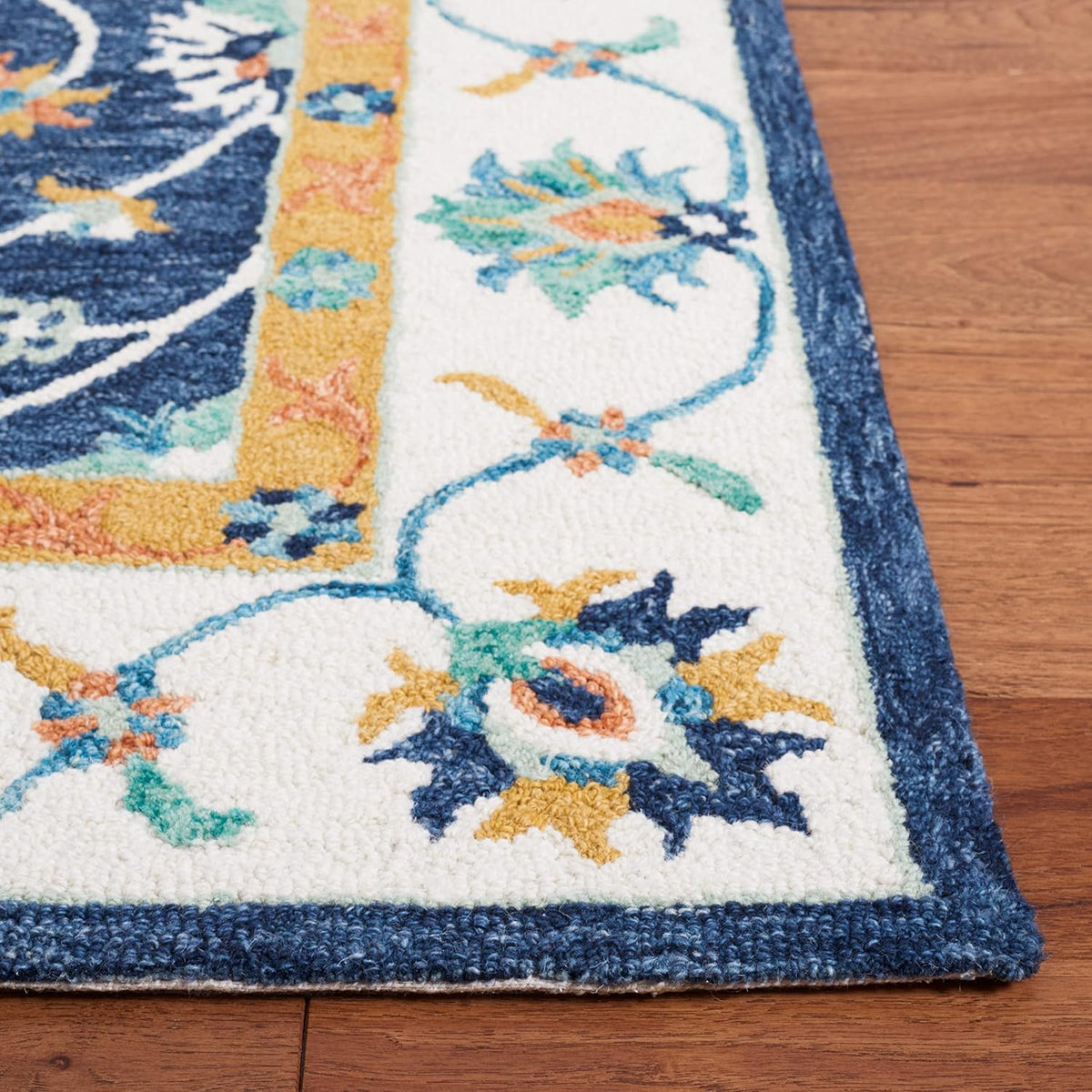 SAFAVIEH Micro-Loop Collection Accent Rug - 4' x 6', Blue & Ivory, Handmade French Country Scroll Floral Oriental Wool, Ideal for High Traffic Areas in Entryway, Living Room, Bedroom (MLP385M)