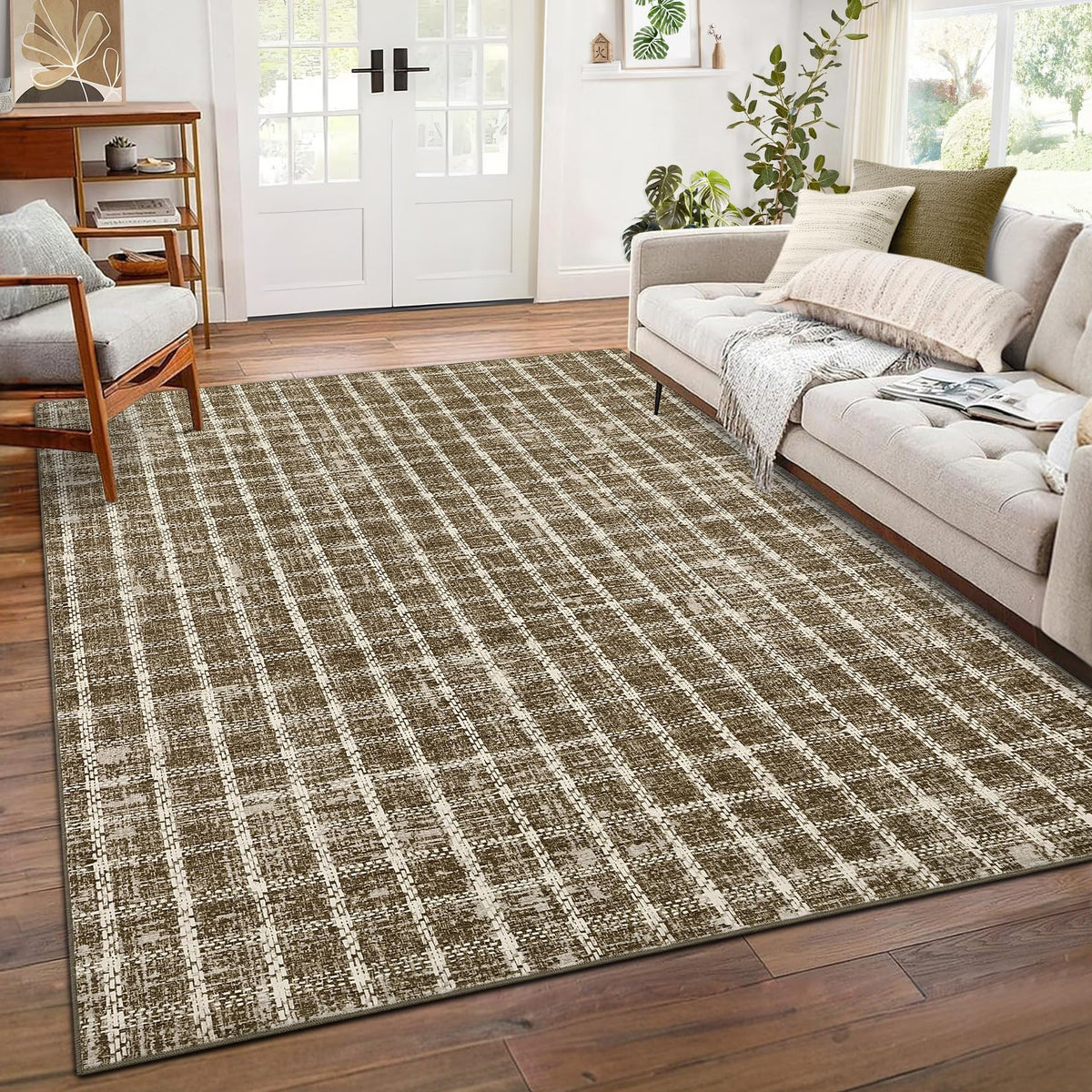 ROYHOME 6x9 Area Rug for Living Room Washable Khaki Brown Checkered Rugs