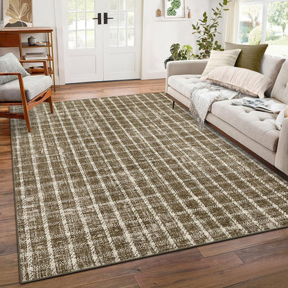 ROYHOME 6x9 Area Rug for Living Room Washable Khaki Brown Checkered Rugs