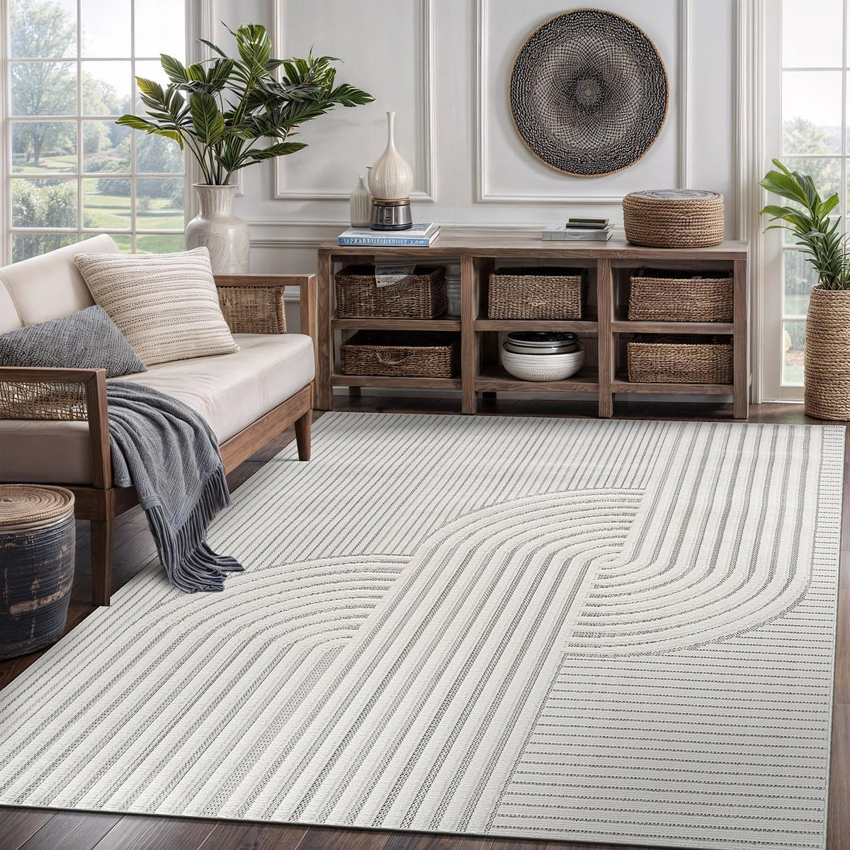 CAMILSON Modern Rug 5x7 Luxury Swirl Curved Micro Loop Area Rugs Soft High-Low Pile Stain Resistant Easy to Clean Non-Shedding Durable Living Room Office Indoor Carpet (White)