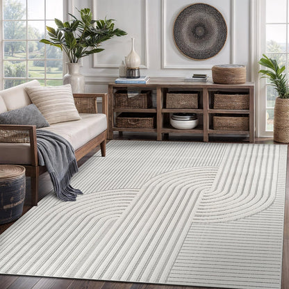 CAMILSON Modern Rug 5x7 Luxury Swirl Curved Micro Loop Area Rugs Soft High-Low Pile Stain Resistant Easy to Clean Non-Shedding Durable Living Room Office Indoor Carpet (White)