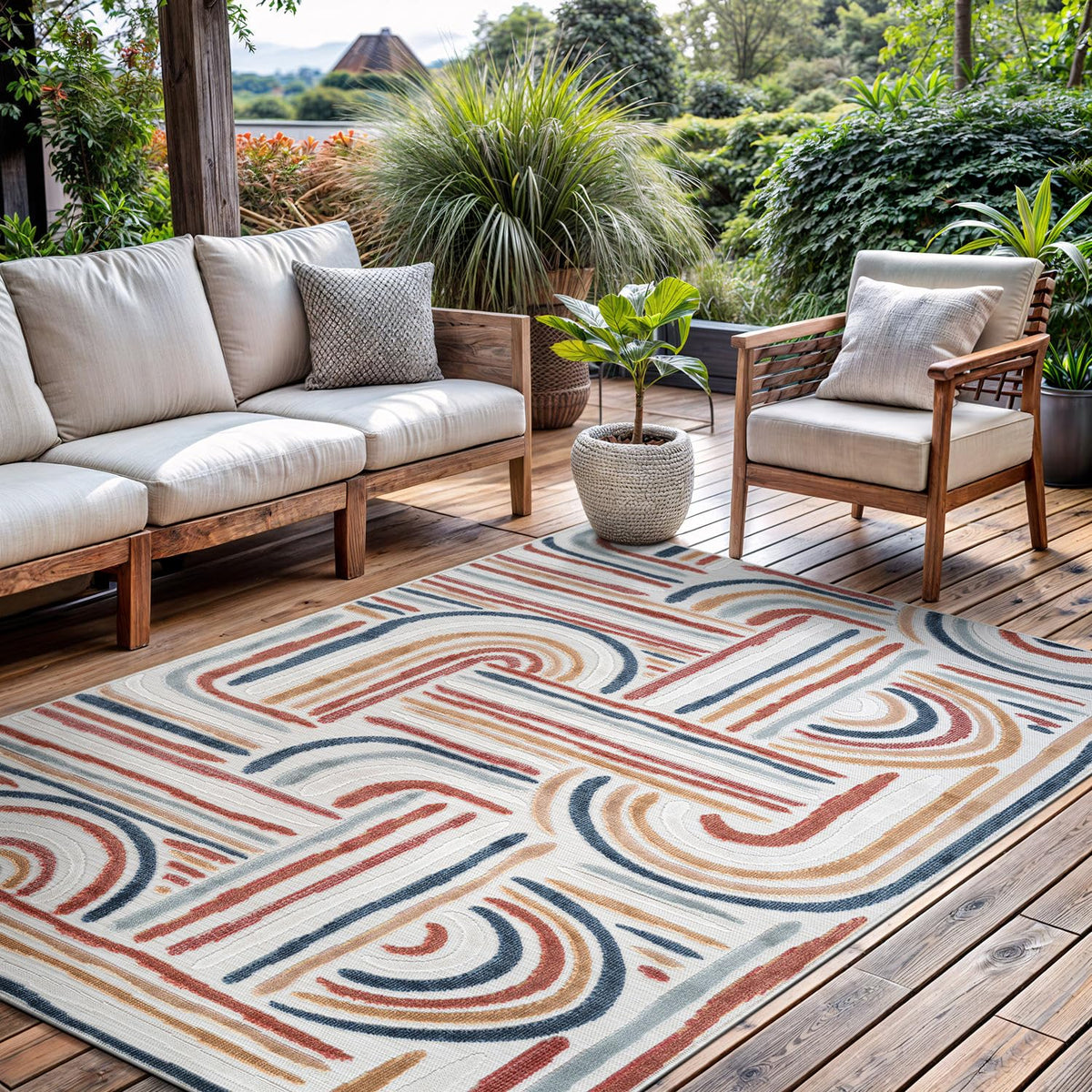 CAMILSON Indoor Outdoor Rug, Multi 5x7 Leaf Tropical Botanical Area Rugs for Indoor and Outdoor patios, Easy-Cleaning Non-Shedding Living Room, Garden and Kitchen Washable Outside Carpet (5 x 7)