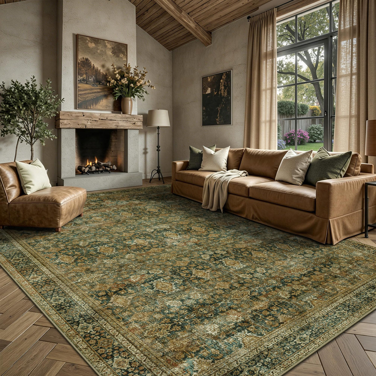 8x10 Area Rugs for Living Room - Washable Vintage Retro Large Rug, Soft Ultra Thin Non Slip Low Pile Traditional Distressed Boho Carpet for Bedroom Dining Room Home Office, Rust Clay