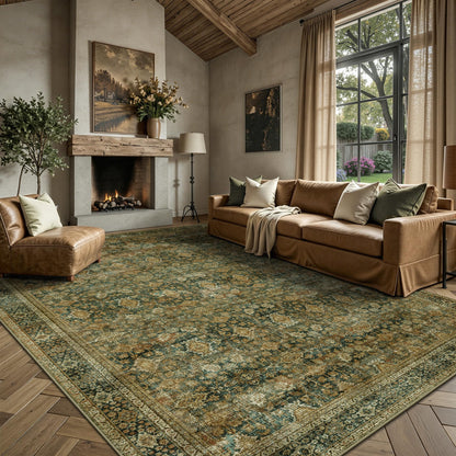 8x10 Area Rugs for Living Room - Washable Vintage Retro Large Rug, Soft Ultra Thin Non Slip Low Pile Traditional Distressed Boho Carpet for Bedroom Dining Room Home Office, Rust Clay