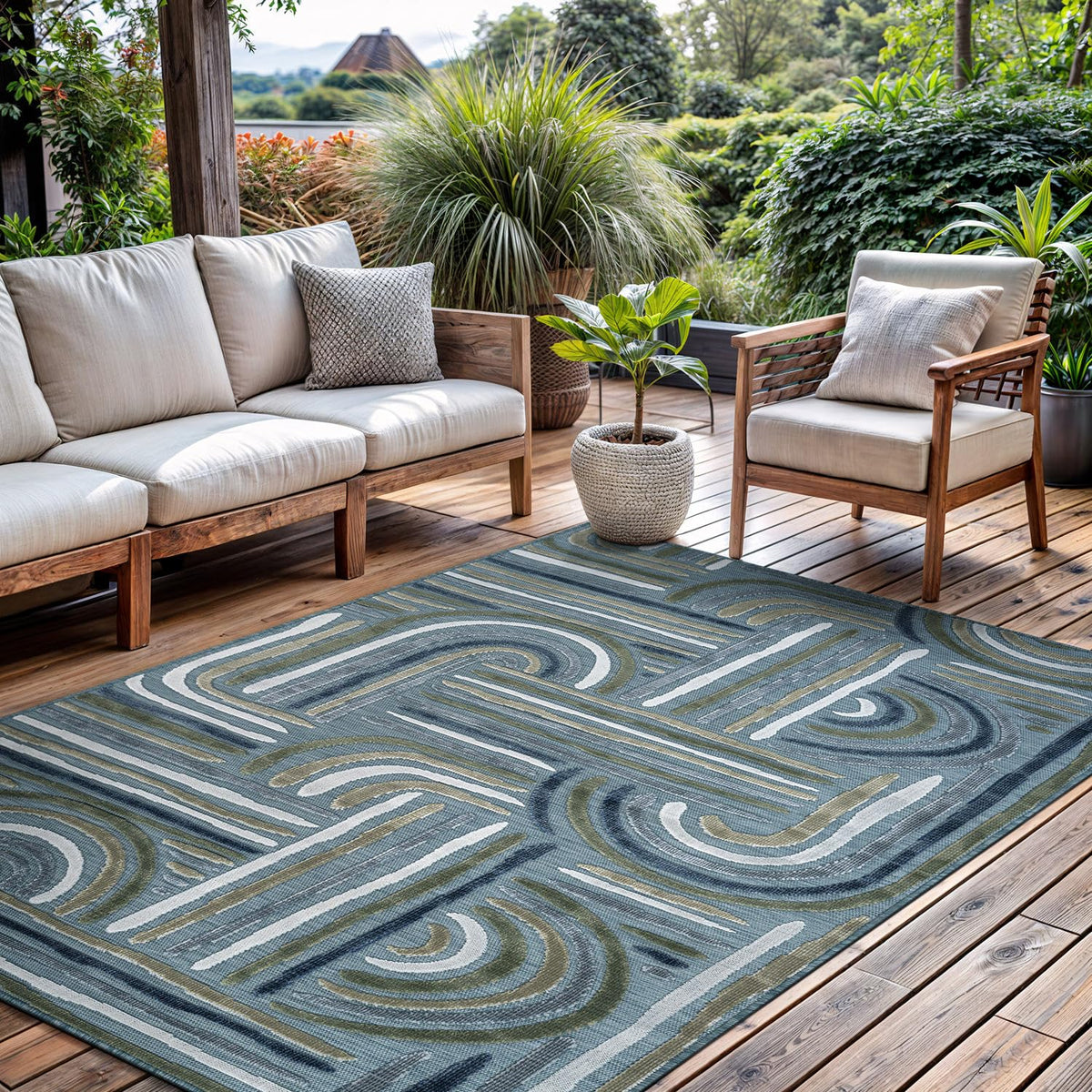 CAMILSON Indoor Outdoor Rug, Multi 5x7 Leaf Tropical Botanical Area Rugs for Indoor and Outdoor patios, Easy-Cleaning Non-Shedding Living Room, Garden and Kitchen Washable Outside Carpet (5 x 7)