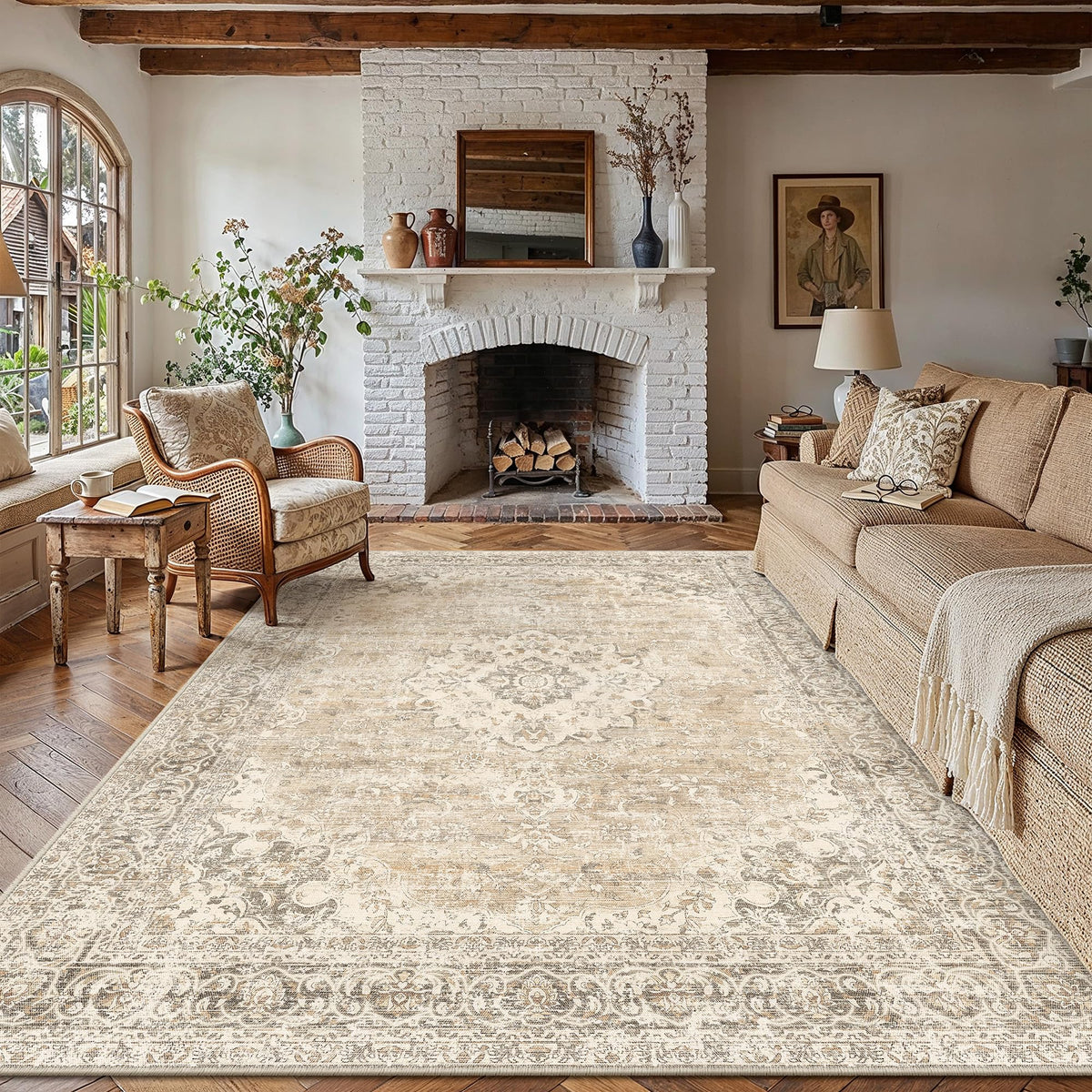 8x10 Washable Area Rug Beige Grey Non Slip Vintage Carpet