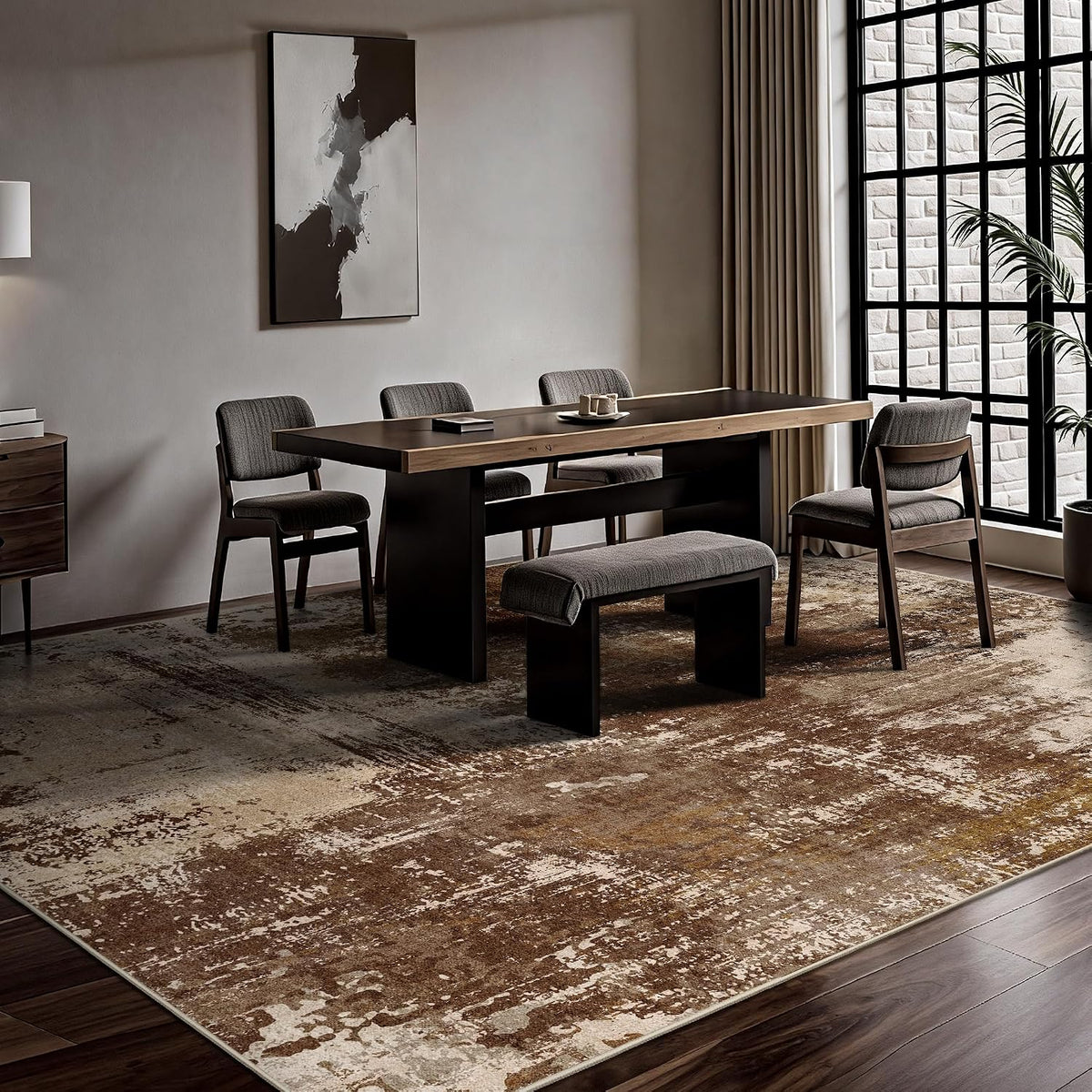 8x10 Rugs for Living Room - Modern Abstract Low Pile Washable Rug, Ultra Soft Non Slip Large Rugs, Floor Carpet for Bedroom Dining Room Office Laundry Nursery Home(Brown)