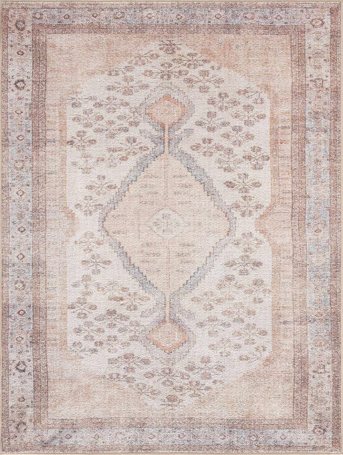 BoutiqueRugs Washable Ivory Medallion 2x4 Accent Rug Traditional Sand Light Blue Brown Analu Entryway Bedside Nursery Mudroom Bathroom Powder Room 2'7" x 4' Easy Clean Stain Resistant