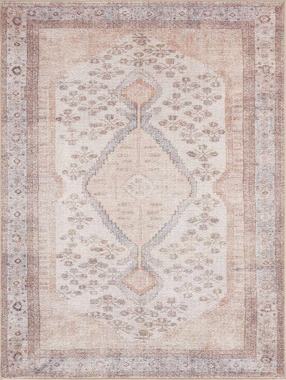 BoutiqueRugs Washable Ivory Medallion 2x4 Accent Rug Traditional Sand Light Blue Brown Analu Entryway Bedside Nursery Mudroom Bathroom Powder Room 2'7" x 4' Easy Clean Stain Resistant