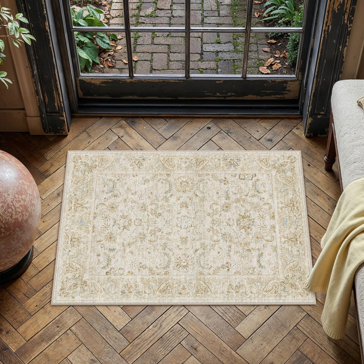 8x10 Washable Area Rug Beige Grey Non Slip Vintage Carpet