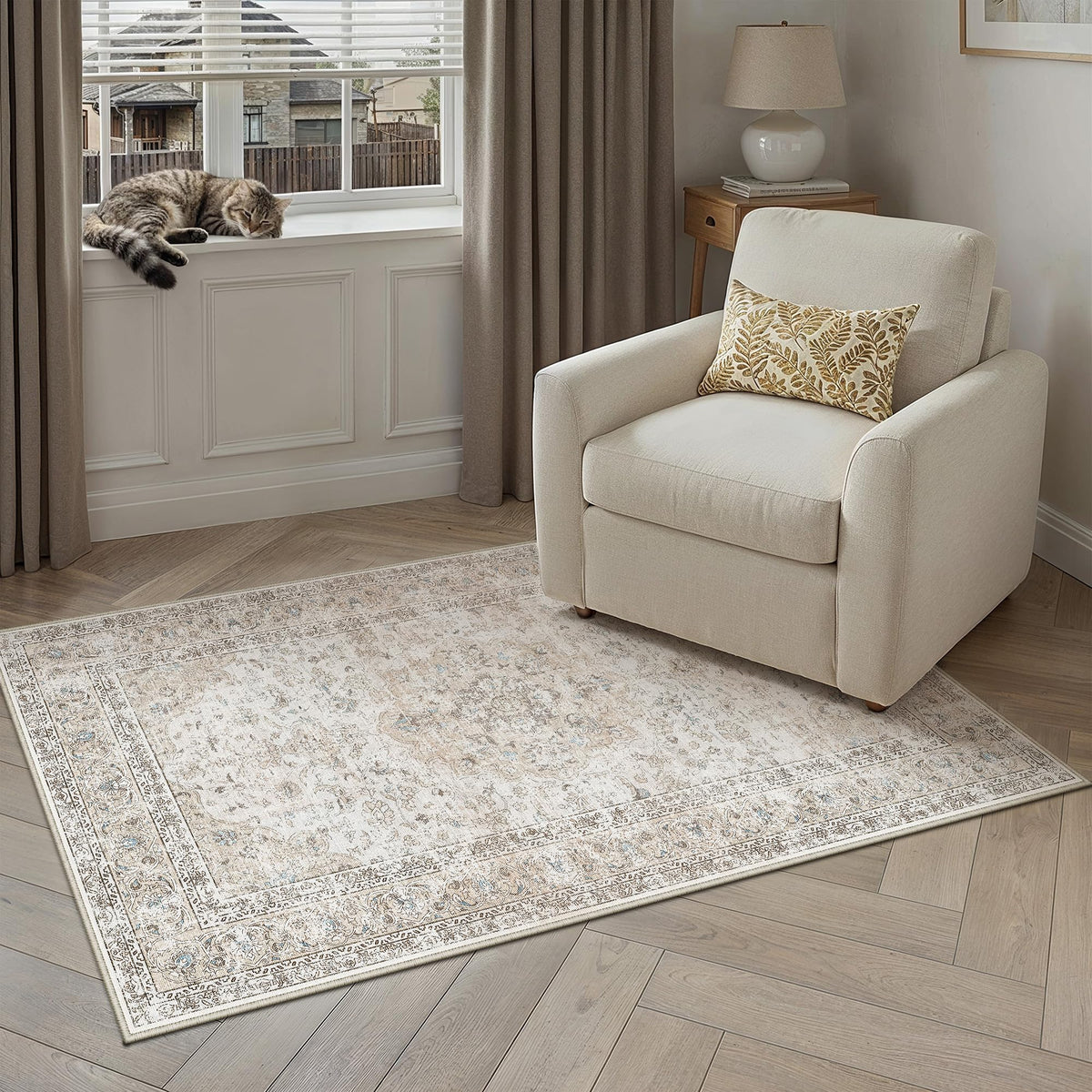 8x10 Washable Area Rug Beige Grey Non Slip Vintage Carpet