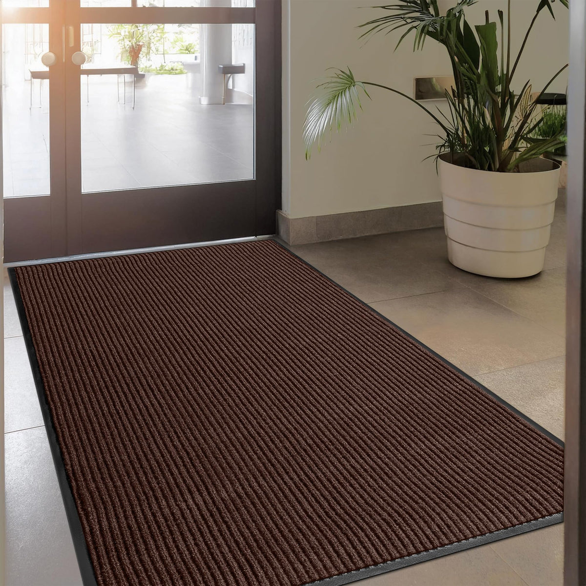 MaxMat® Heavy Duty Entry Floor Mat - Large Commercial, Indoor/Outdoor, Waterproof, Easy to Clean, Low-Profile Door Mat (4 x 6 Feet, Brown, MXM-RIB0046BR)