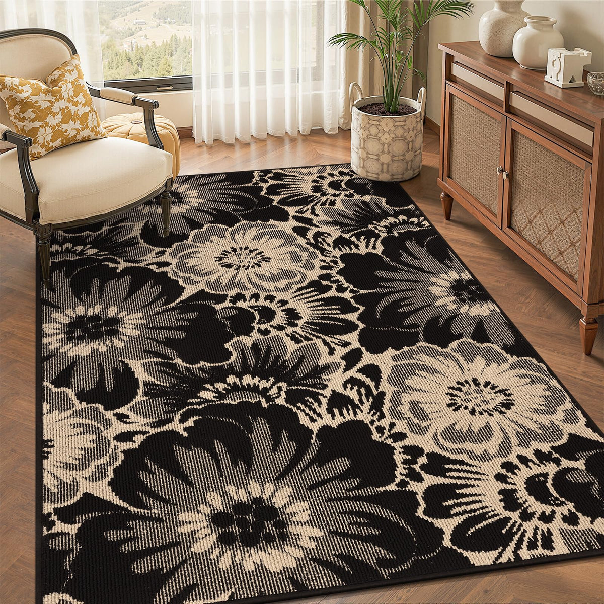 Findosom Hallway Runner Rug 2x6, Non Slip High-Low Textured Floral Washable Runner Rug with Rubber Backing, Boho Carpet Runner for Kitchen, Entryway, Bedroom, Laundry, Black & Beige