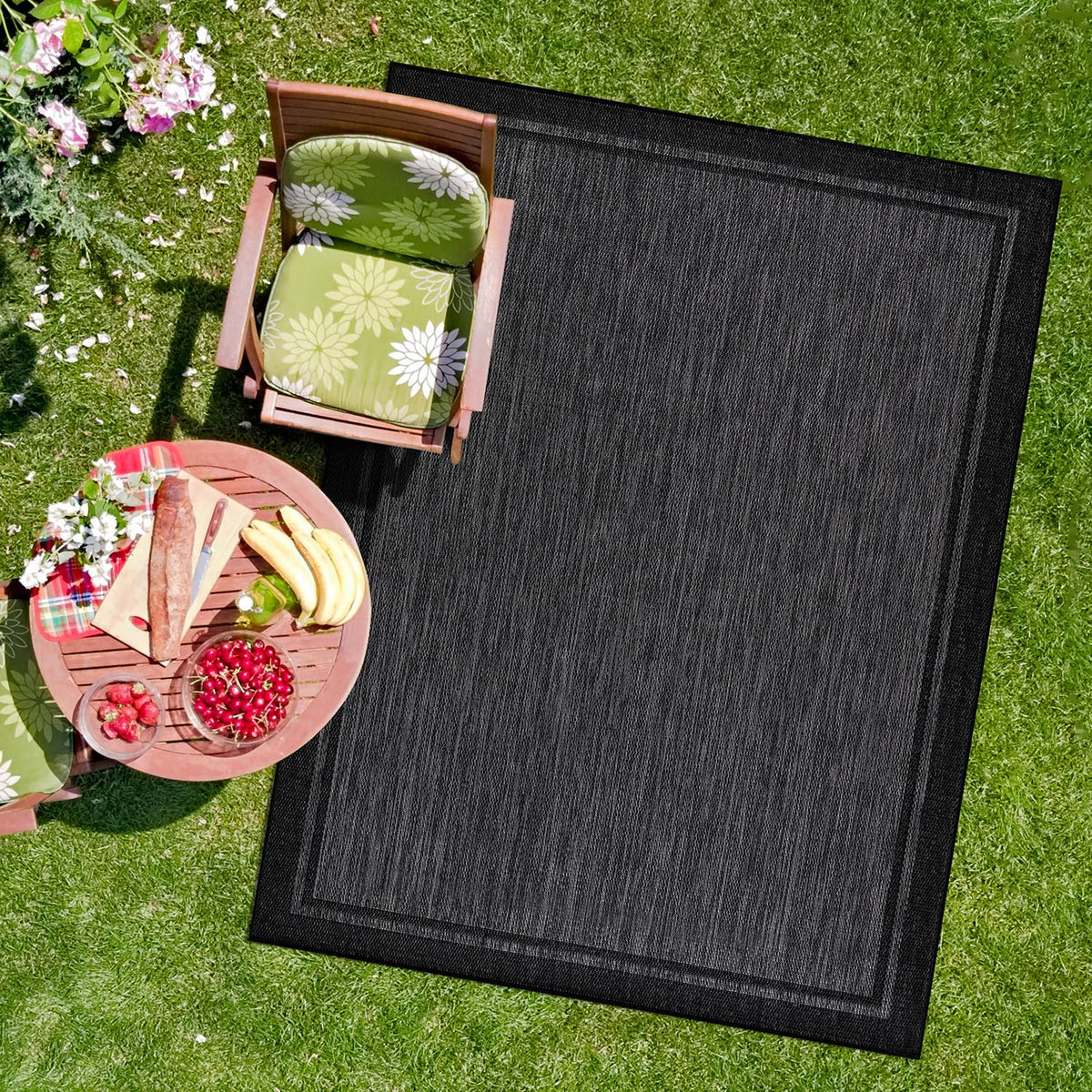 CAMILSON Indoor Outdoor Rug, 6x9 Bordered Dark Grey Black Modern Area Rugs for Indoor and Outdoor Patios, Kitchen and Hallway Mats, Washable Porch Deck Outside Carpet (Bordered Black, 6 x 9)