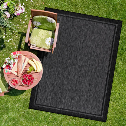 CAMILSON Indoor Outdoor Rug, 6x9 Bordered Dark Grey Black Modern Area Rugs for Indoor and Outdoor Patios, Kitchen and Hallway Mats, Washable Porch Deck Outside Carpet (Bordered Black, 6 x 9)