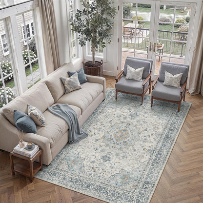 8x10 Washable Area Rug Beige Grey Non Slip Vintage Carpet