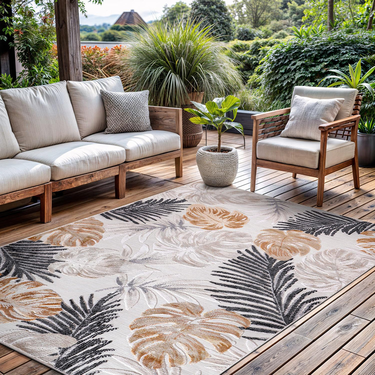 CAMILSON Indoor Outdoor Rug, Multi 5x7 Leaf Tropical Botanical Area Rugs for Indoor and Outdoor patios, Easy-Cleaning Non-Shedding Living Room, Garden and Kitchen Washable Outside Carpet (5 x 7)