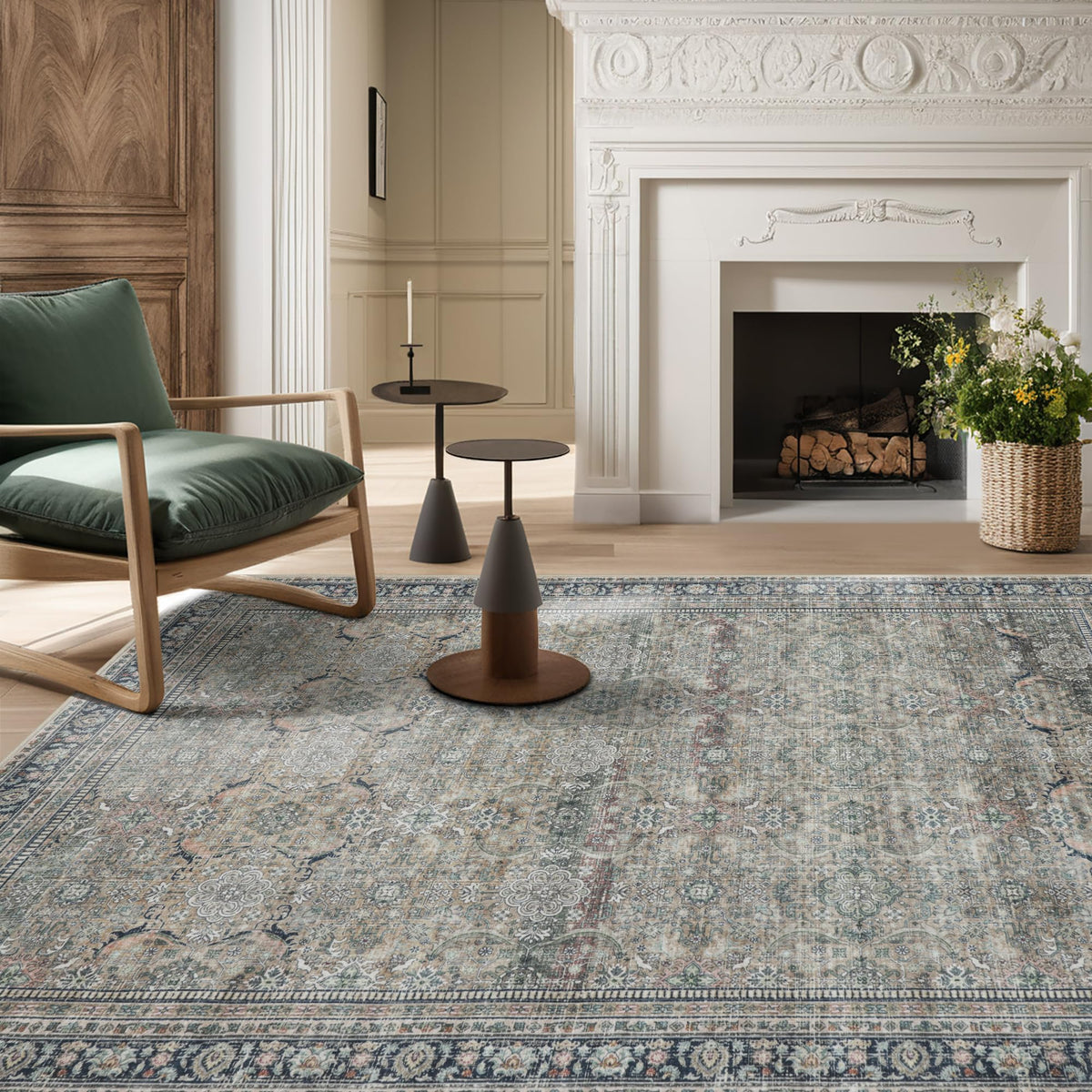 Washable Rugs 8x10 Area Rug for Living Room,Bedroom,Dining Room-Beige Green