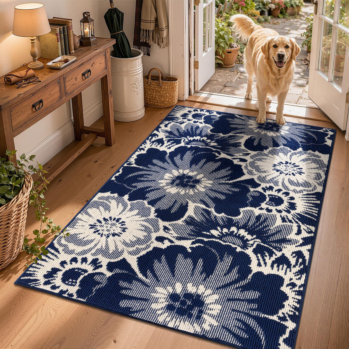 Findosom Hallway Runner Rug 2x6, Non Slip High-Low Textured Floral Washable Runner Rug with Rubber Backing, Boho Carpet Runner for Kitchen, Entryway, Bedroom, Laundry, Black & Beige