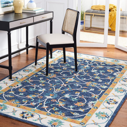 SAFAVIEH Micro-Loop Collection Accent Rug - 4' x 6', Blue & Ivory, Handmade French Country Scroll Floral Oriental Wool, Ideal for High Traffic Areas in Entryway, Living Room, Bedroom (MLP385M)