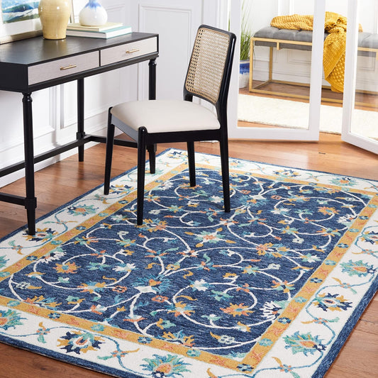 SAFAVIEH Micro-Loop Collection Accent Rug - 4' x 6', Blue & Ivory, Handmade French Country Scroll Floral Oriental Wool, Ideal for High Traffic Areas in Entryway, Living Room, Bedroom (MLP385M)