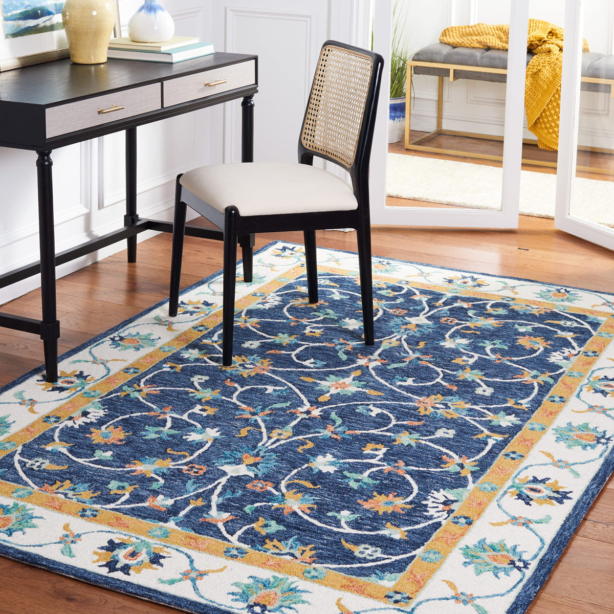 SAFAVIEH Micro-Loop Collection Accent Rug - 4' x 6', Blue & Ivory, Handmade French Country Scroll Floral Oriental Wool, Ideal for High Traffic Areas in Entryway, Living Room, Bedroom (MLP385M)