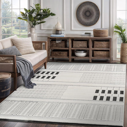 CAMILSON Modern Rug 5x7 Luxury Swirl Curved Micro Loop Area Rugs Soft High-Low Pile Stain Resistant Easy to Clean Non-Shedding Durable Living Room Office Indoor Carpet (White)