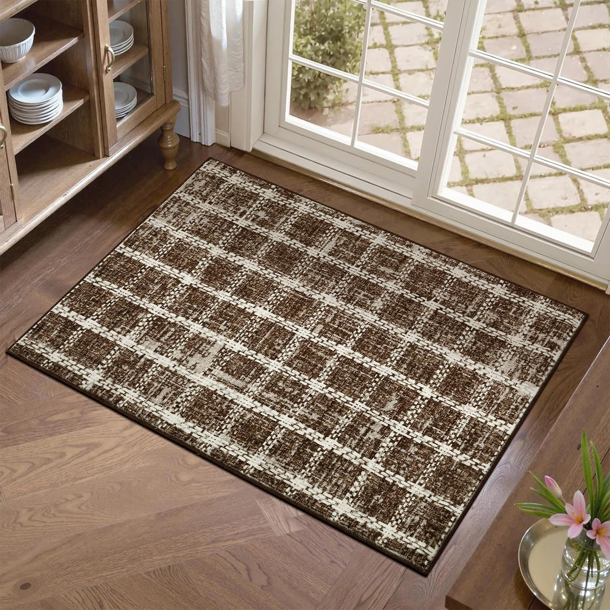 ROYHOME 6x9 Area Rug for Living Room Washable Khaki Brown Checkered Rugs