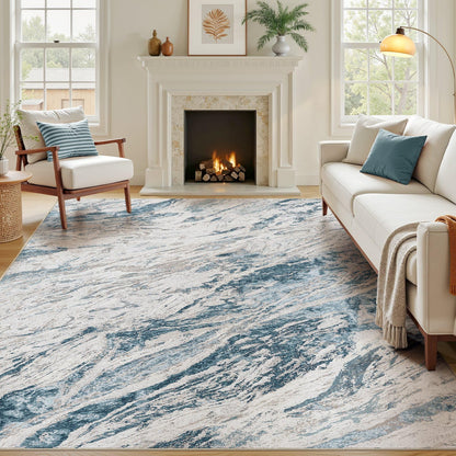 Area Rugs for Living Room: 9X12 Abstract Washable Rug Modern Neutral Large Soft Stain Resistant Non-Slip for Bedroom Dining Room Indoor Home Office Carpet - Blue Brown