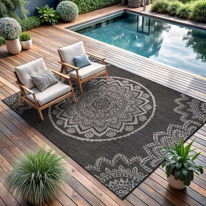 CAMILSON Outdoor Rug 5x7 Modern Area Rugs for Indoor and Outdoor Patios and Porches - Waterproof, Washable, Non-Shedding, Easy-to-Clean Outside Carpet (5 x 7, Medallion - Beige/White)