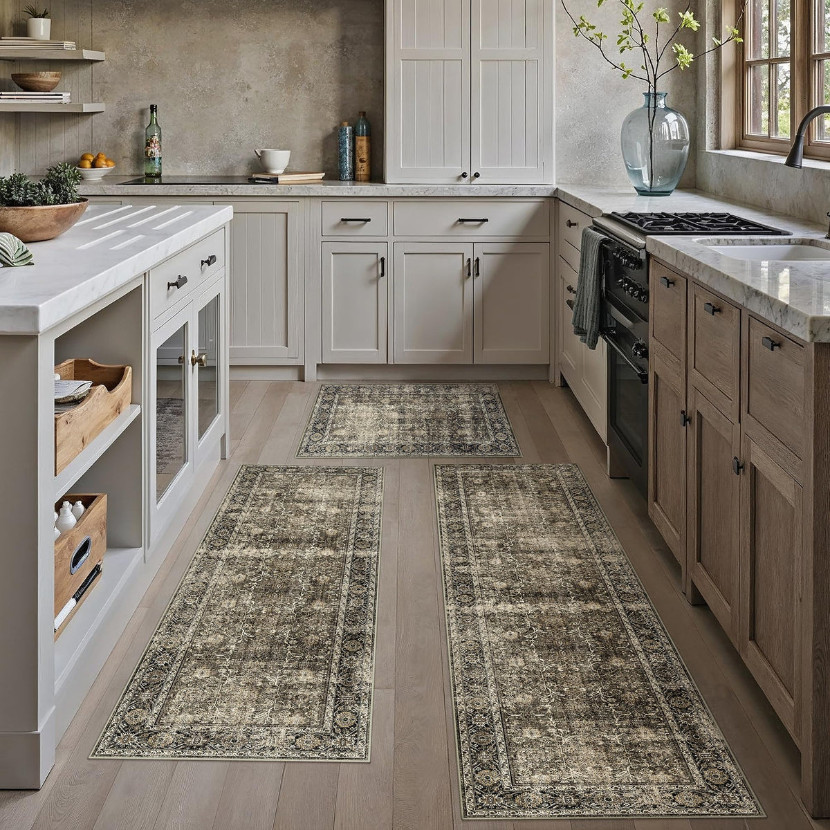 HUGEAR 3-Piece Grey Neutral Kitchen Rug Set