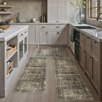 HUGEAR 3-Piece Grey Neutral Kitchen Rug Set