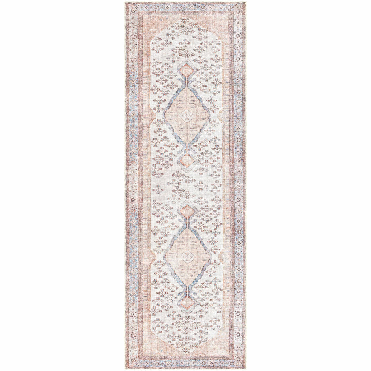 BoutiqueRugs Washable Ivory Medallion 2x4 Accent Rug Traditional Sand Light Blue Brown Analu Entryway Bedside Nursery Mudroom Bathroom Powder Room 2'7" x 4' Easy Clean Stain Resistant