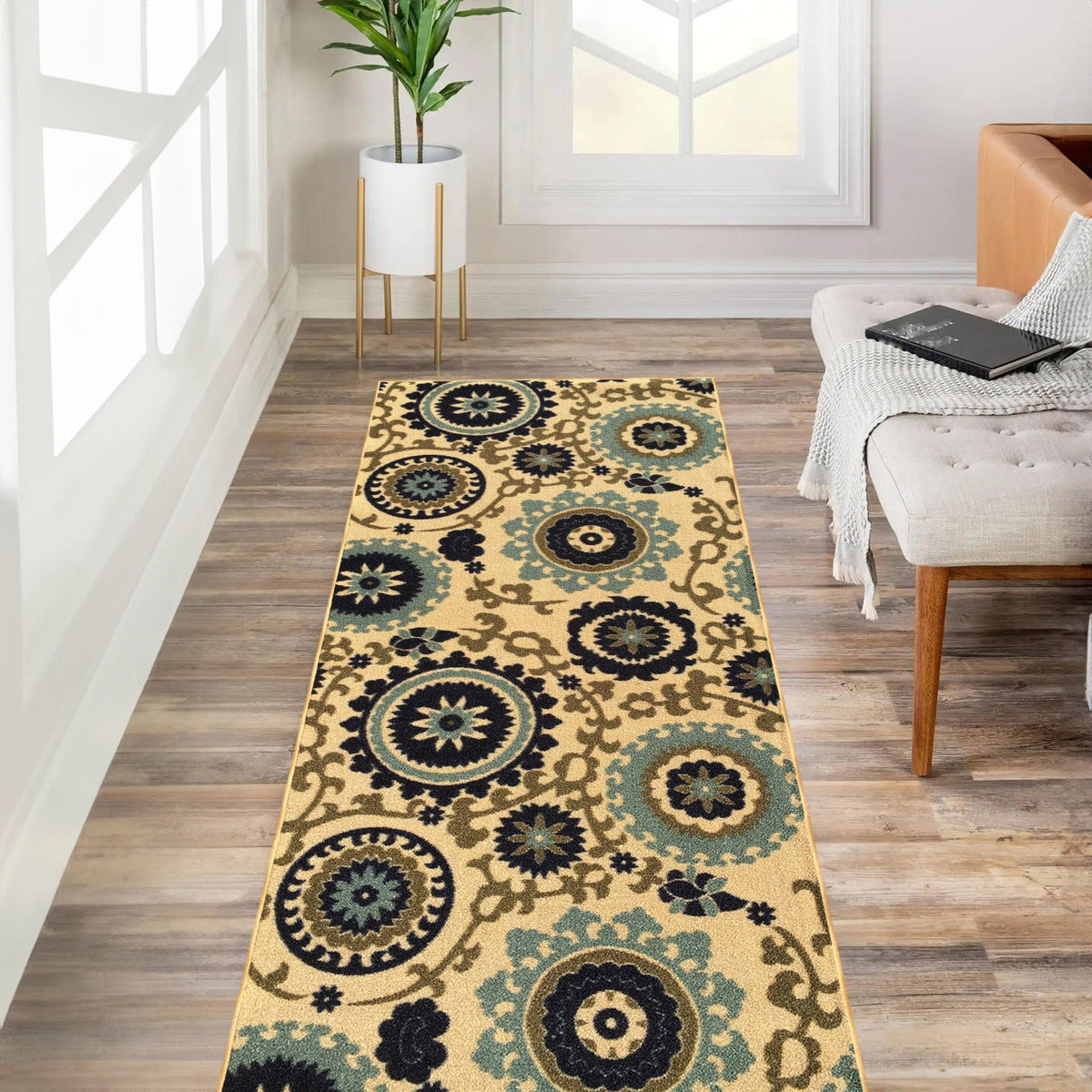 Kapaqua Custom Size Grey Ivory Bordered Rubber Backed Non-Slip Hallway Stair Runner Rug Carpet 31 inch Wide Choose Your Length 31in X 11ft